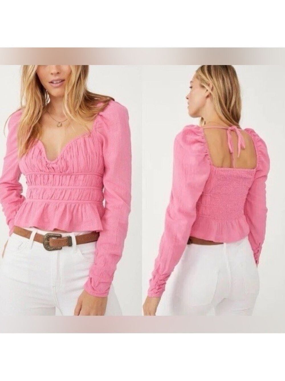 Free People Romantic Feminine Aurora Smocked Chloe Crop Blouse Top Barbiecore XS